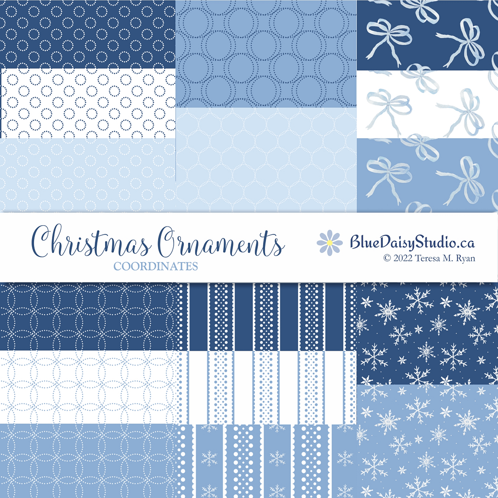 Christmas Ornaments Coordinates fabric collection in shades of blue and white including ribbon bows, geometric circles, snowflakes and stripes by Teresa M Ryan