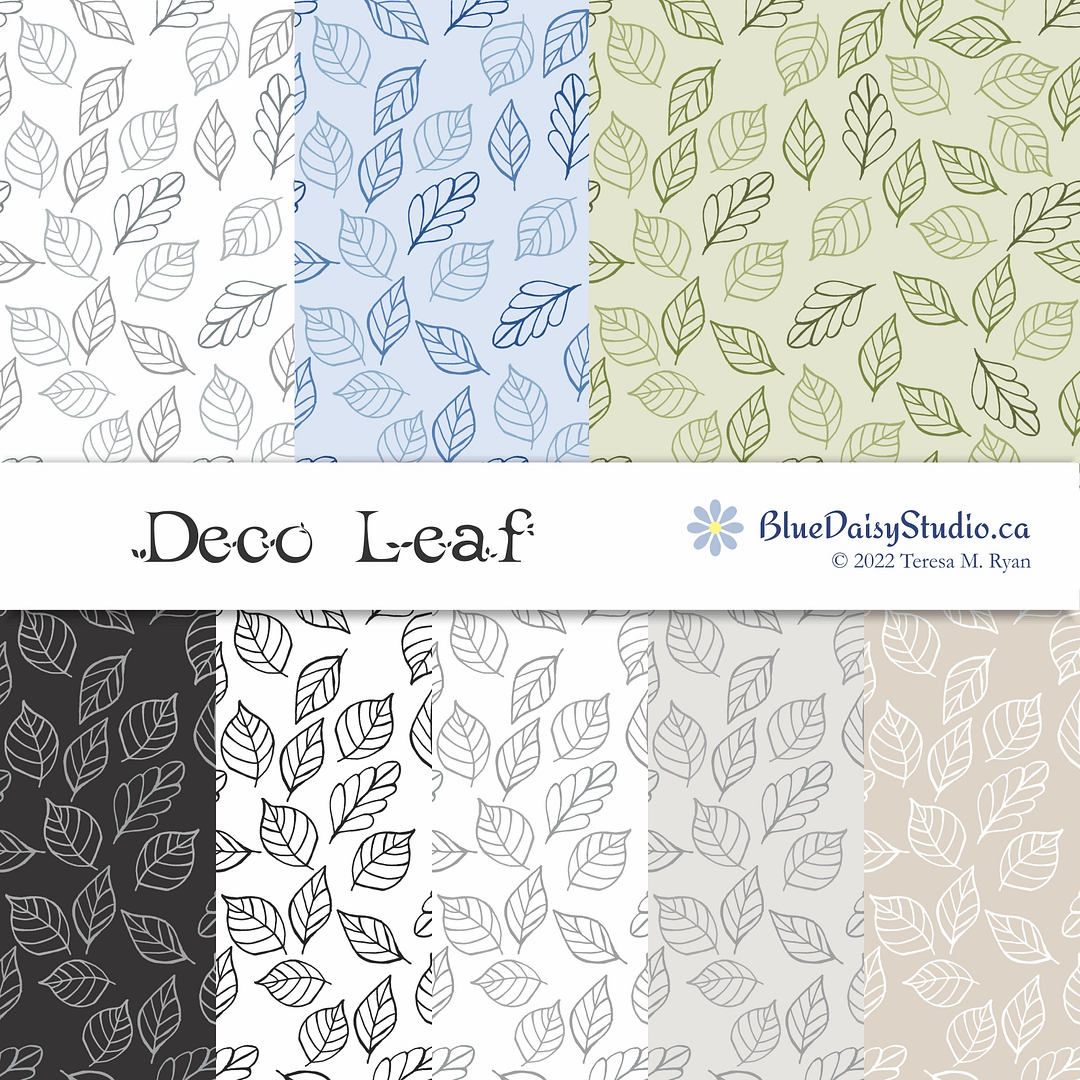 Deco Leaf pattern swatches in blue, green and neutrals of hand drawn scattered leaves on solid backgrounds by Teresa M Ryan for Blue Daisy Studio