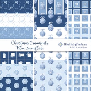 Blue Snowflake Christmas Ornaments Collection in blue and white including hand painted ornaments, holiday postage stamps, gift tags and snowflake medallions by Teresa M Ryan