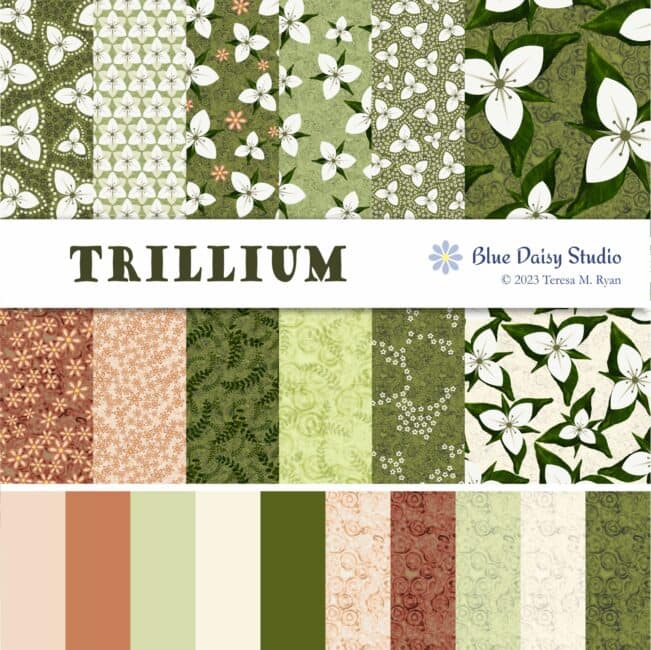 A collection of fabrics with trillium floral designs with coordinating daisies, ferns and organic patterns in greens, terracotta and ivory
