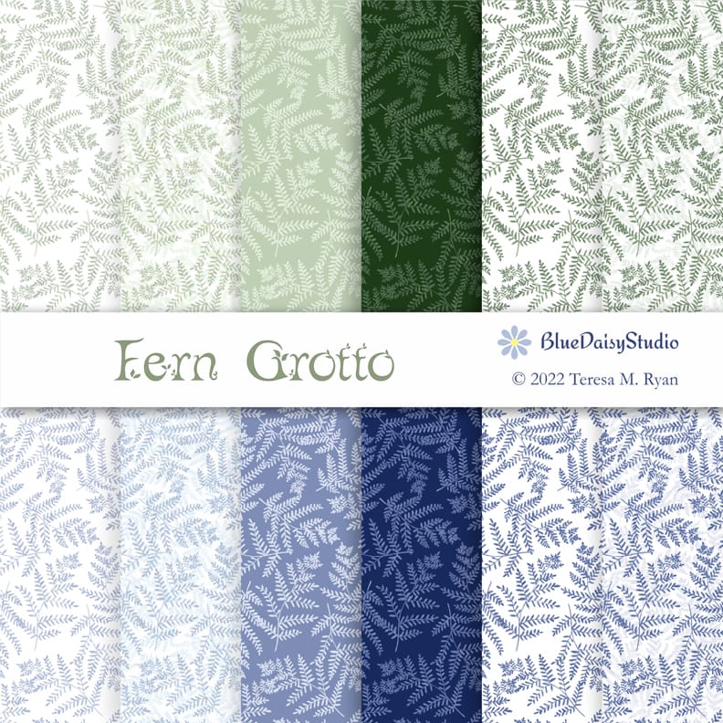 Fern Grotto fabric collection of hand painted ferns in an all over pattern in sage green or denim blue colorways by Teresa M Ryan