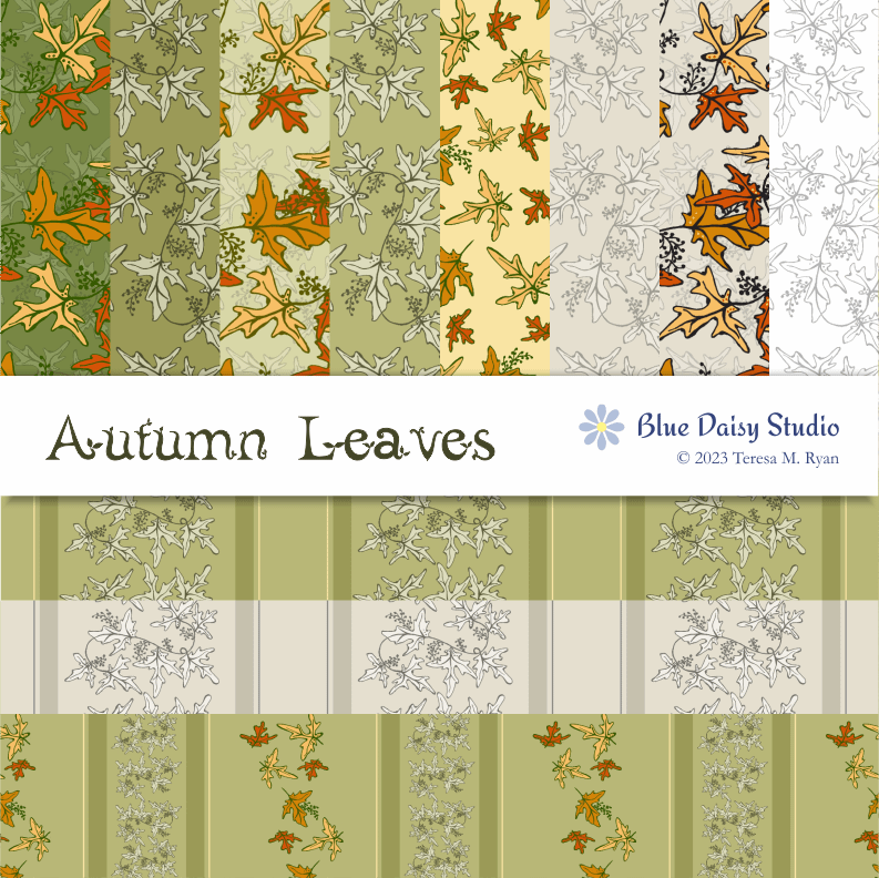 Autumn Leaves pattern swatches with maple leaves in fall colors and neutrals as all over patterns or traditional wallpaper stripes by Teresa M Ryan for Blue Daisy Studio
